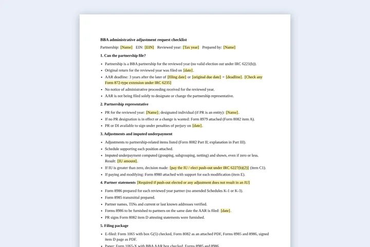 First page of the AAR (Form 8082) checklist template
