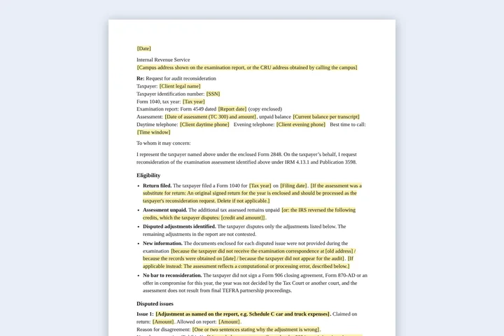 First page of the Audit reconsideration request template
