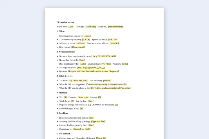 First page of the Client notice intake form template
