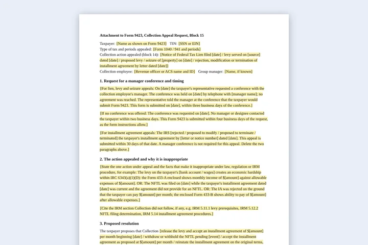 First page of the CAP statement (Form 9423) template