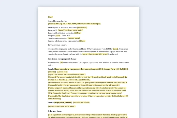 First page of the CP2000 response letter template