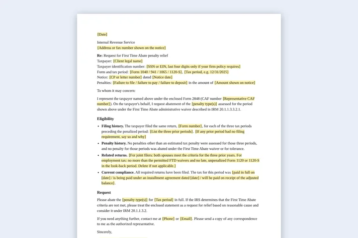 First page of the First Time Abate letter template