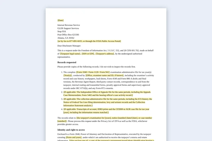 First page of the FOIA request for the exam file template
