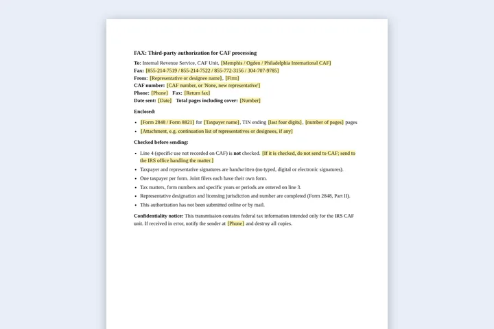 First page of the 2848 / 8821 fax cover sheet template