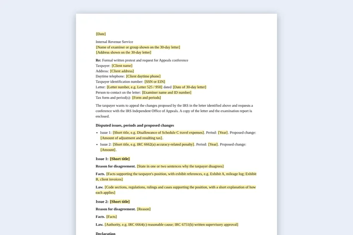 First page of the Formal protest letter template