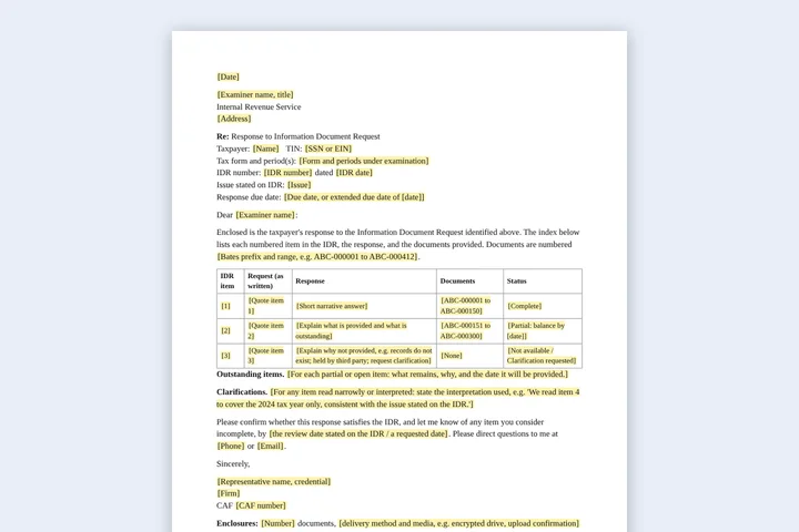 First page of the IDR response cover letter template