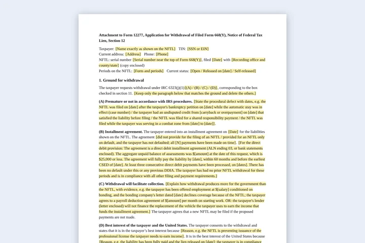 First page of the Lien withdrawal request template