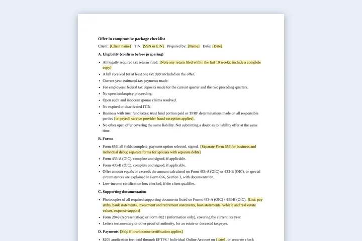 First page of the Offer in compromise checklist template