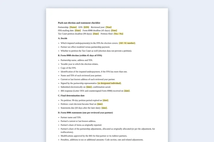 First page of the Push-out (8988 / 8986) checklist template