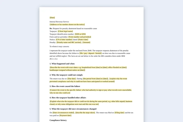 First page of the Reasonable cause letter template