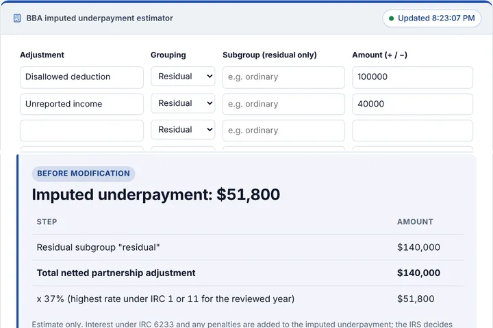 BBA imputed underpayment estimator filled in with a sample result