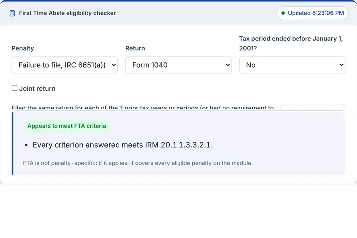First Time Abate eligibility checker filled in with a sample result