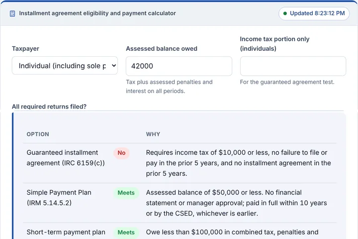 Installment agreement eligibility and payment calculator filled in with a sample result
