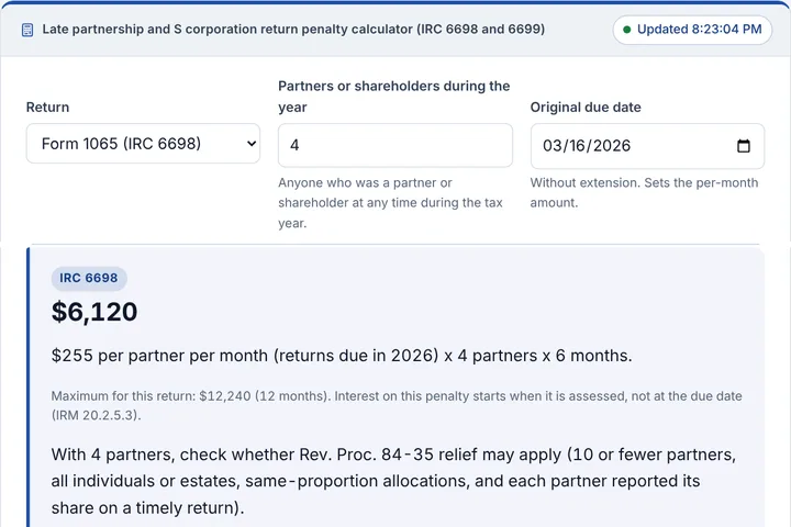 Late partnership and S corporation return penalty calculator (IRC 6698 and 6699) filled in with a sample result