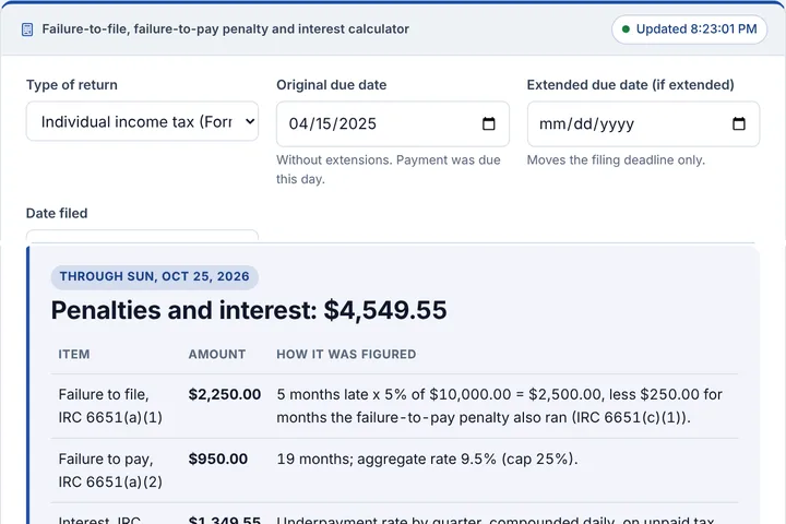 Failure-to-file, failure-to-pay penalty and interest calculator filled in with a sample result