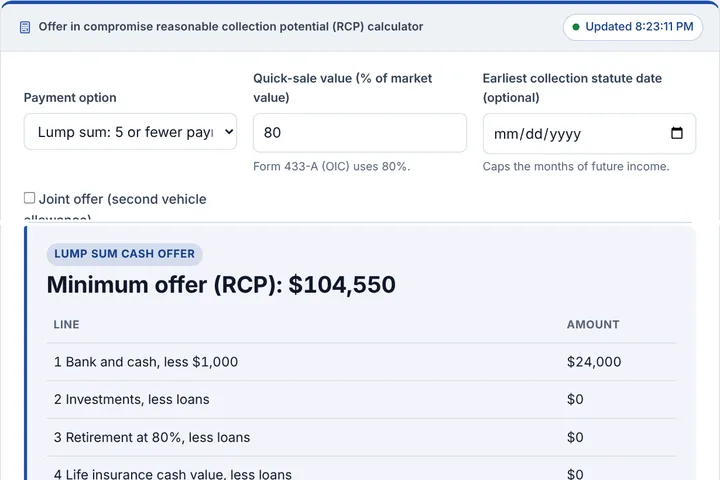 Offer in compromise reasonable collection potential (RCP) calculator filled in with a sample result