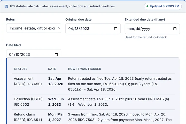 IRS statute date calculator: assessment, collection and refund deadlines filled in with a sample result