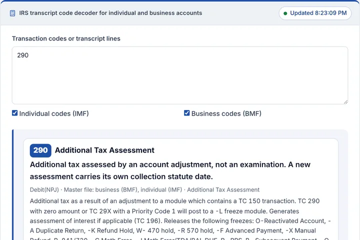 IRS transcript code decoder for individual and business accounts filled in with a sample result